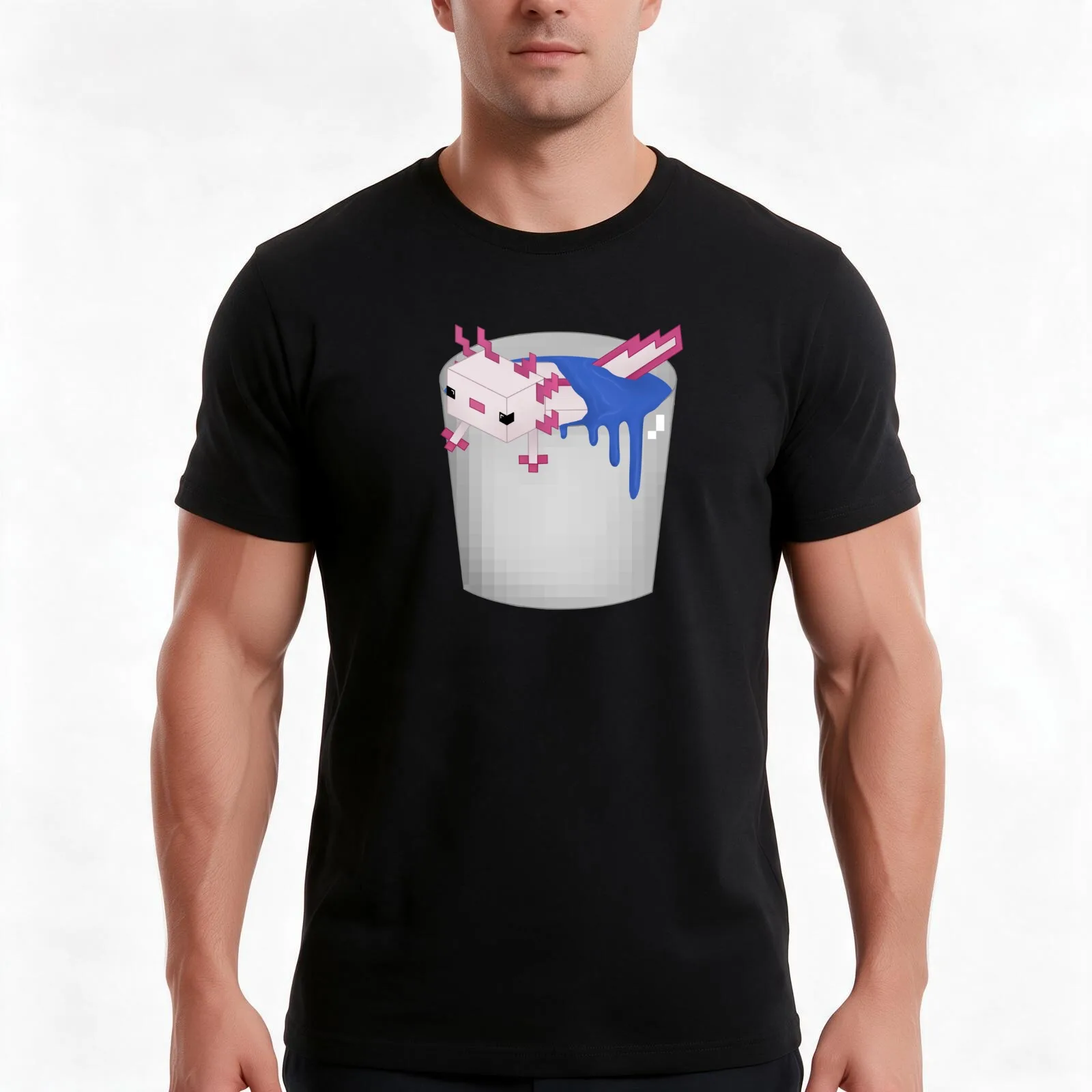 Axolotl in Bucket T-Shirt, Summer Casual Cotton Tee, Oversized Streetwear Tops, Vintage Graphic Print, Loose Fit Short Sleeve