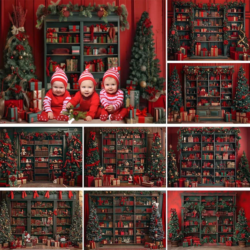 

Mocsicka Christmas Gift Cabinet Backdrop for Photography Vintage Red Wall Xmas Tree Gifts Boxes Family Portrait Photo Background