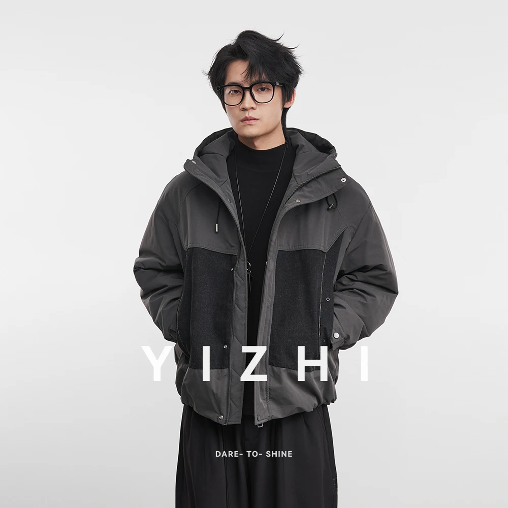 Fashion Men's Color Block Thick Cotton Jacket 2025 Winter New Workwear Patchwork Hooded Cotton-padded Jacket Commuter Jacket