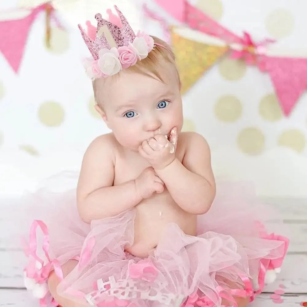 Rosa bianco rosa 1 anno cappello corona Happy Princess Birthday Decor Kid Baby Girl 1st Hat compleanno Photo Props Hat dell\'elemento riscaldante