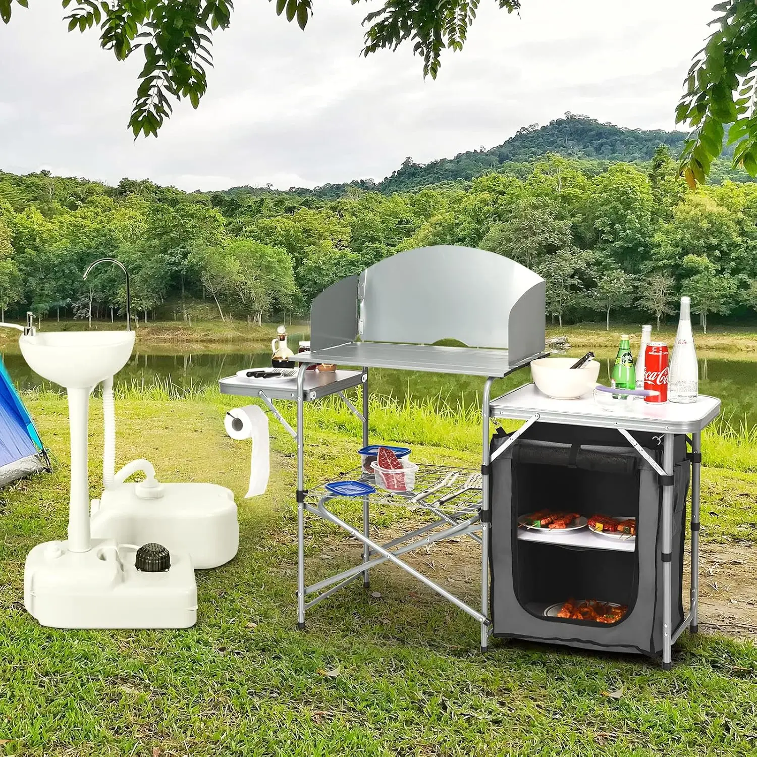 Camping Kitchen Table, Portable Outdoor Cooking Table with Storage, 26'' Tabletop, Detachable Windscreen, Camp Cook Station