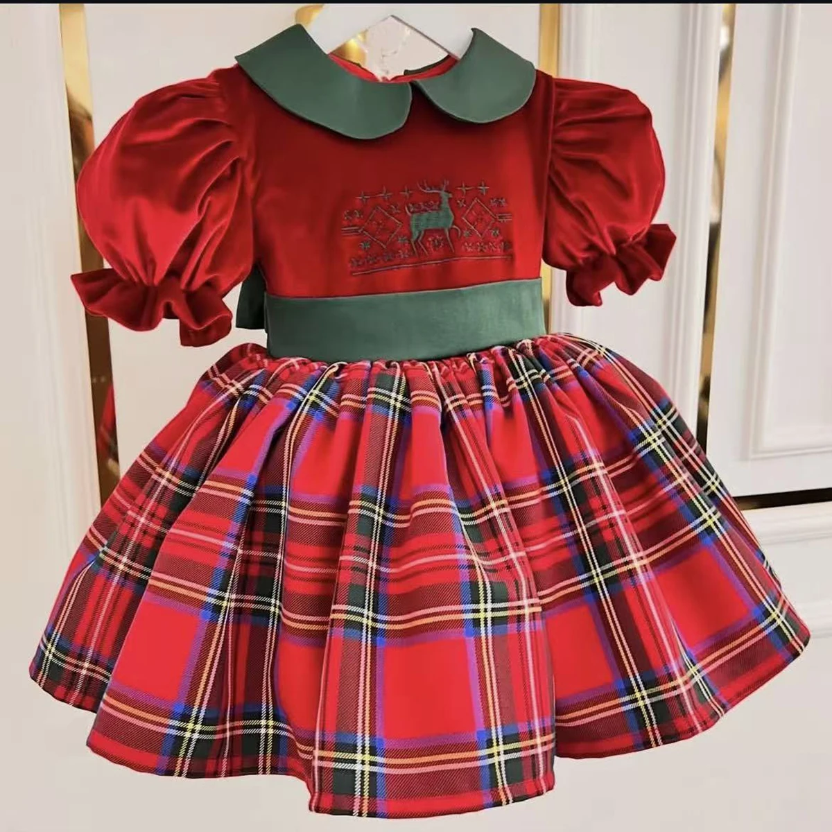 0-12Y Baby Girl Autumn Winter Deer Embroidery Vintage Red Plaid Red Velvet Dress for Bitday Eid Causal Party Christmas C354