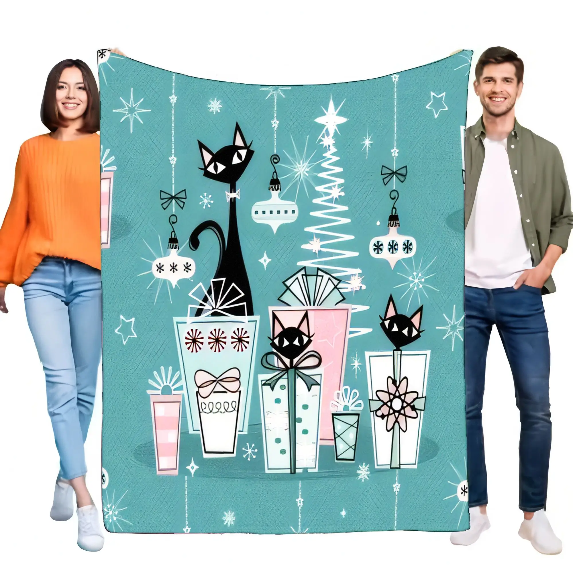 Retro Christmas Black Cat Fleece Blanket Teal Atomic Starburst Sofa Throw Soft Cozy Mid-Century Holiday Decor Xmas Gift for Cat