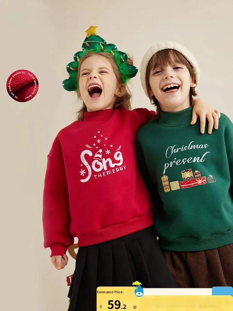 Purrfect Diary Children's Fleece-Lined Long Sleeve Hoodie Red Christmas Theme Unisex Kids' Wearable Comfortable Autumn Winter...