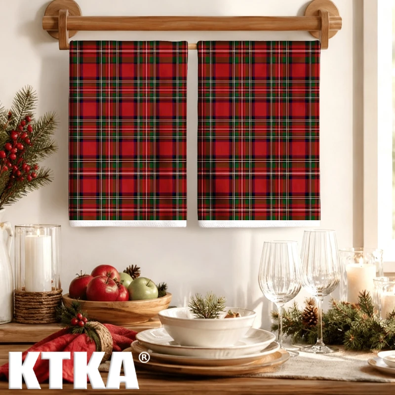 2Pcs, Red Plaid Christmas Kitchen Towel Set, Vintage Scottish Plaid Holiday Kitchen Decoration Towel