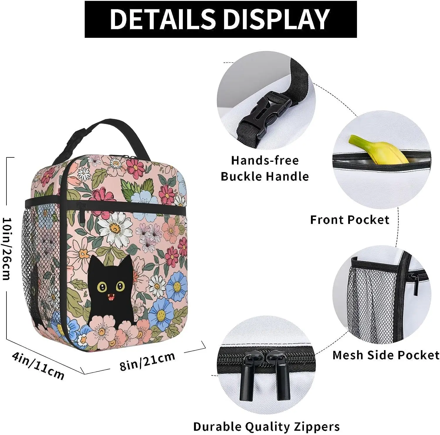 Black Cat Lunch Box Funny Cat Lunch Bag Kids Teen Girls Women Adult Cooler Insulated Floral Lunch Bag for School Work Travel