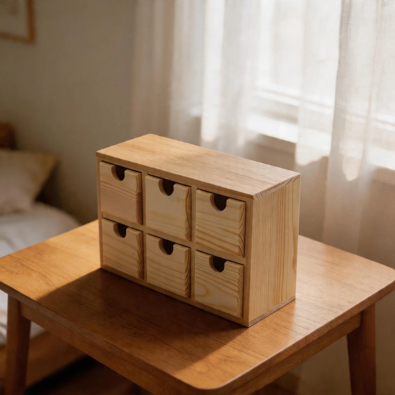 Six Drawer Wooden Desk Organizer with Sliding Lid for Managing Small Personal Items in Workspace or Study Area