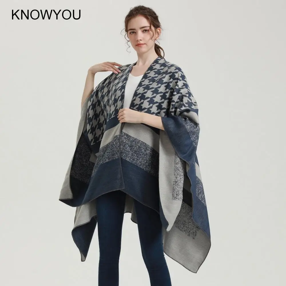 fashion lady Ponchos Retro Houndstooth Fashion Shawls and Wrap Thick Blanket Capes Female Bufanda Mujer Reversible Shawl Pallium