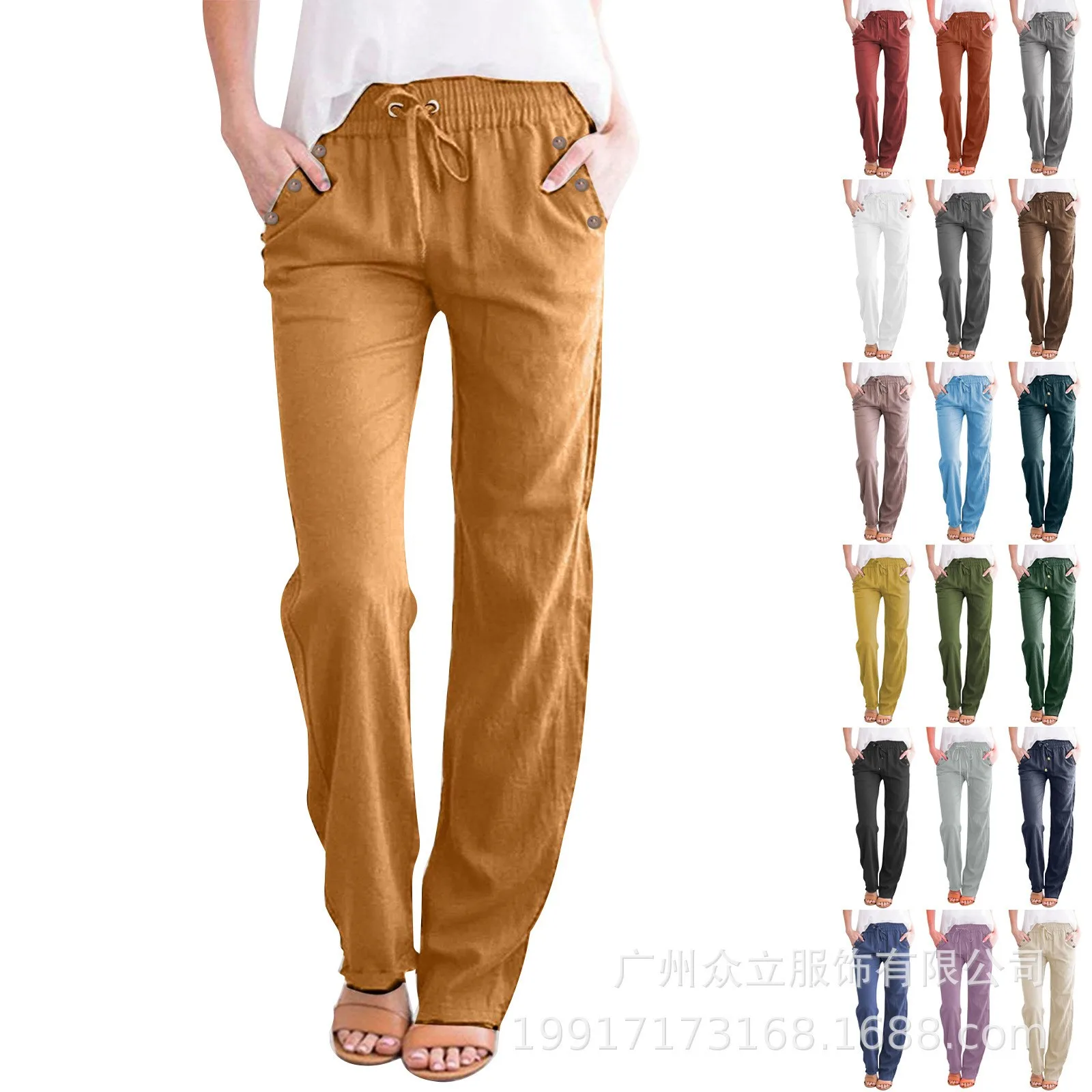Women Plus Size Woman Clothing Cotton Linen Drawstring Waist Full Length Mid Waist Solid Color Relaxed Fit Straight Leg Pants