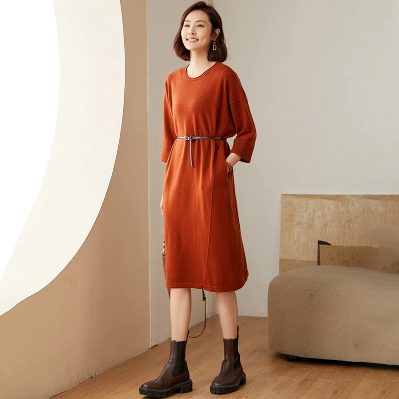 

Women's Drop Shoulder Sleeves Mid Length Cashmere Knitted Dress Fashion New 100% Pure Cashmere Long Dress With 3/4 Sleeves