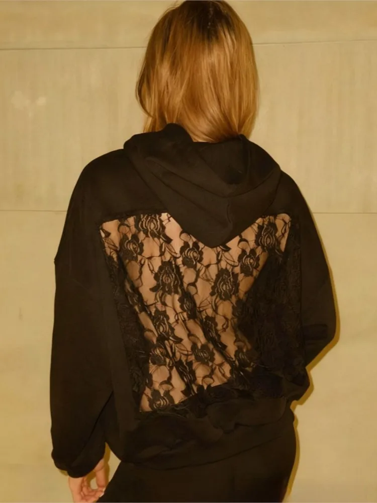 

Sexy Pullover See-through Back Flower Lace Splicing Autumn Winter Female Fashion Solid Color Loose Hoodie Lady Loose Streetwear