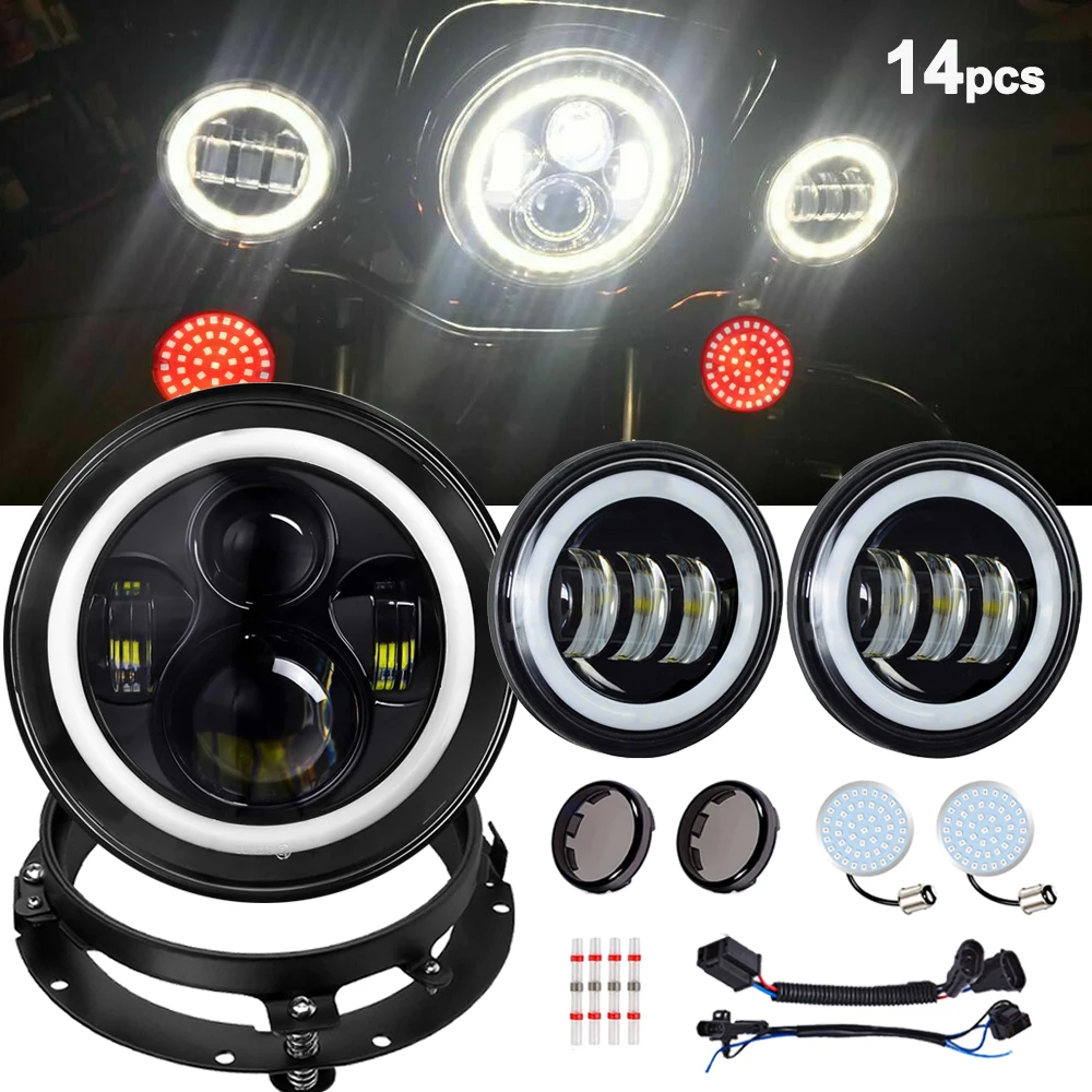 

14pcs Motorcycle 7 inch Moto LED Headlight with 4-1/2" 4.5inch Fog Passing Light signal Lamp for Harley Touring Electra Glide