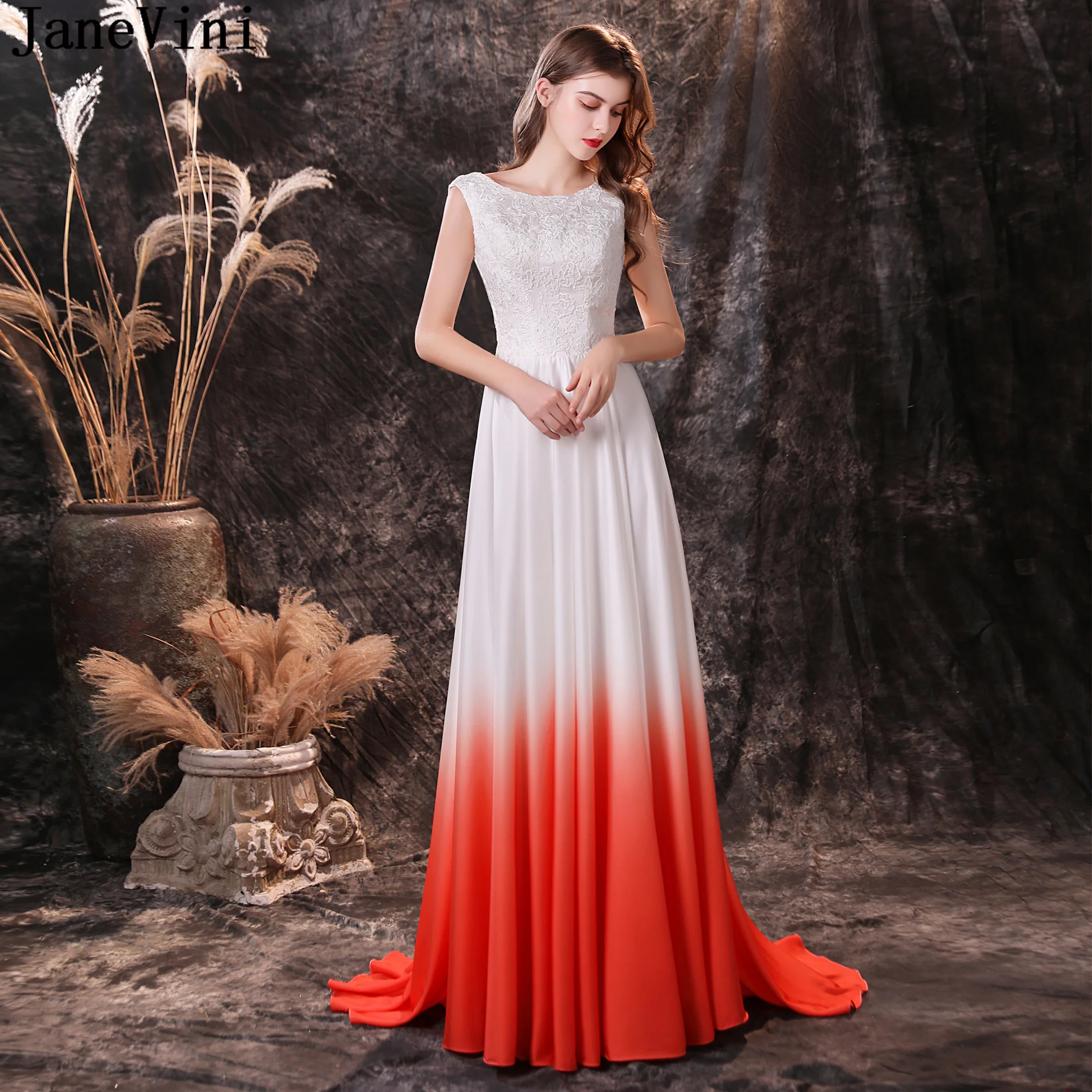 

JaneVini White and Red Gradient Bridesmaid Dresses for Weddings 2023 Sexy A Line Lace Satin Wedding Party Maid of Honor Gowns