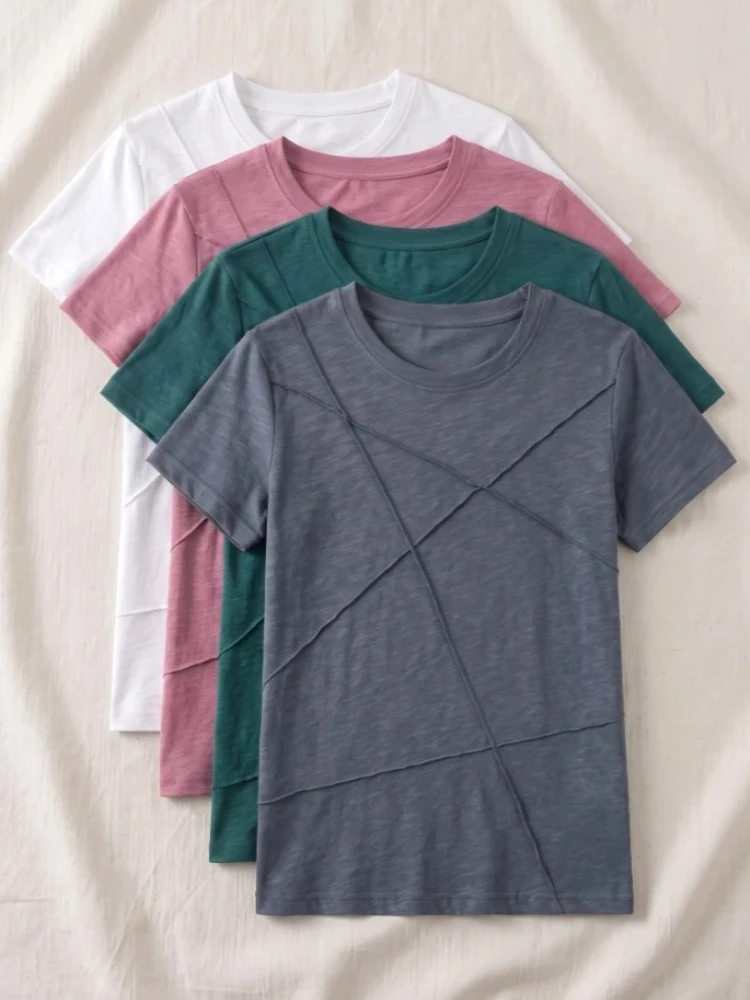 T-shirt côtelé à col rond et manches courtes, style coréen, en coton de bambou, coupe ajustée, pour femme, collection Printemps-Été 2026, hauts décontractés unis