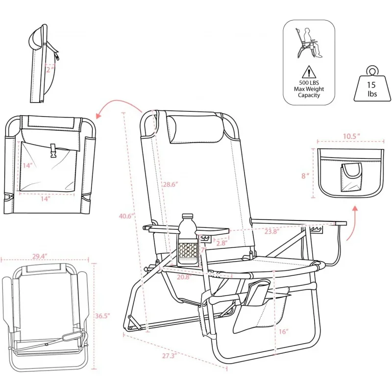 Big Jumbo 500 lbs XL Aluminum Heavy Duty Beach Chair for Big & Tall - 4 Reclining Positions