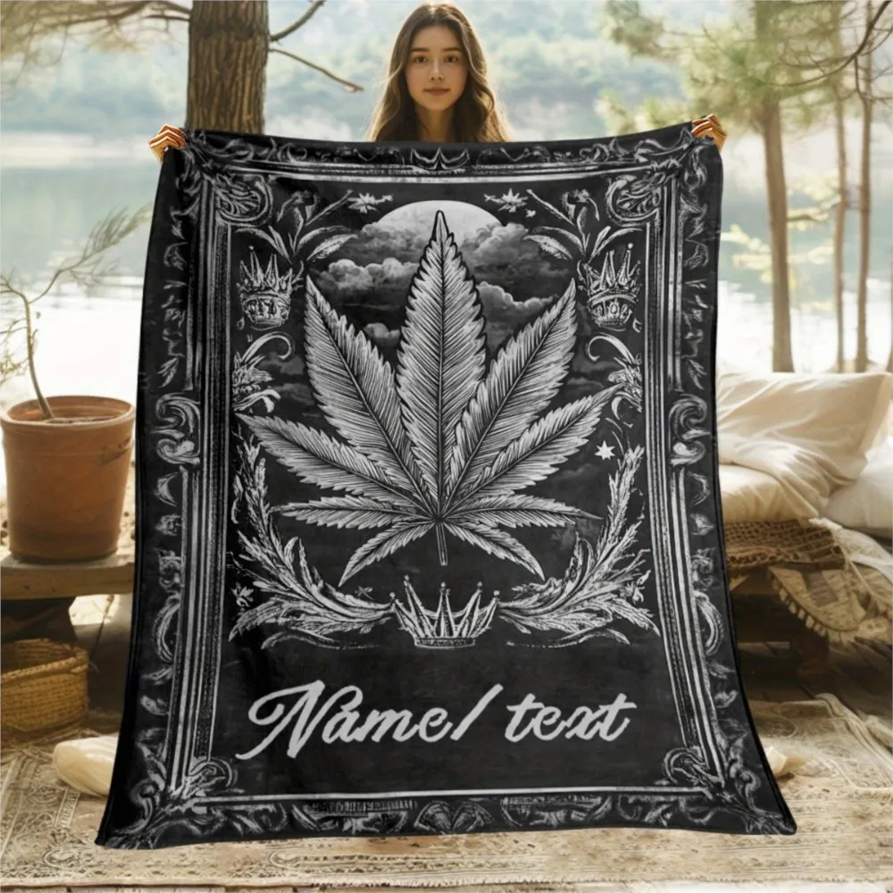 1Pc Personalized Cannabis Blanket Customized Name/Text Leaf Art Soft Fleece Throw Stoner Gift Home Decor Weed Theme