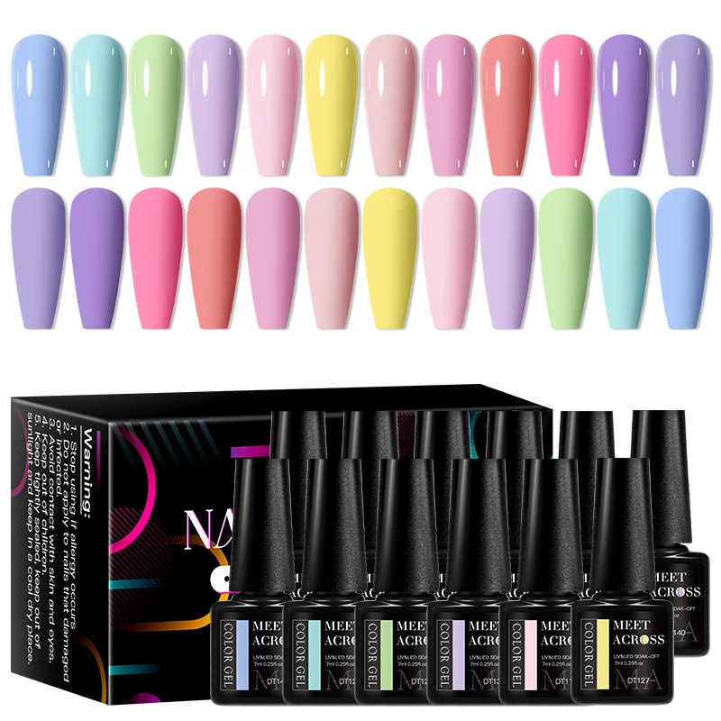 MEET ACROSS12Pcs/Set Macaron Gel Nail Polish With Box Summer Semi Permanent UV Gel Nail Art Manicure Kit Varnish Nail Supplies