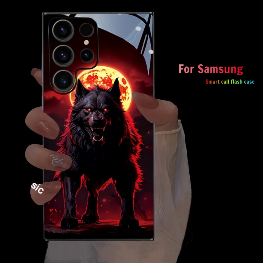 

Flame Black Wolf Colorful Voice-Controlled LED Glow Phone Case For S24 S25 Ultra S22 S23 S21 S20 FE S10 Note 20 Note 10 Plus