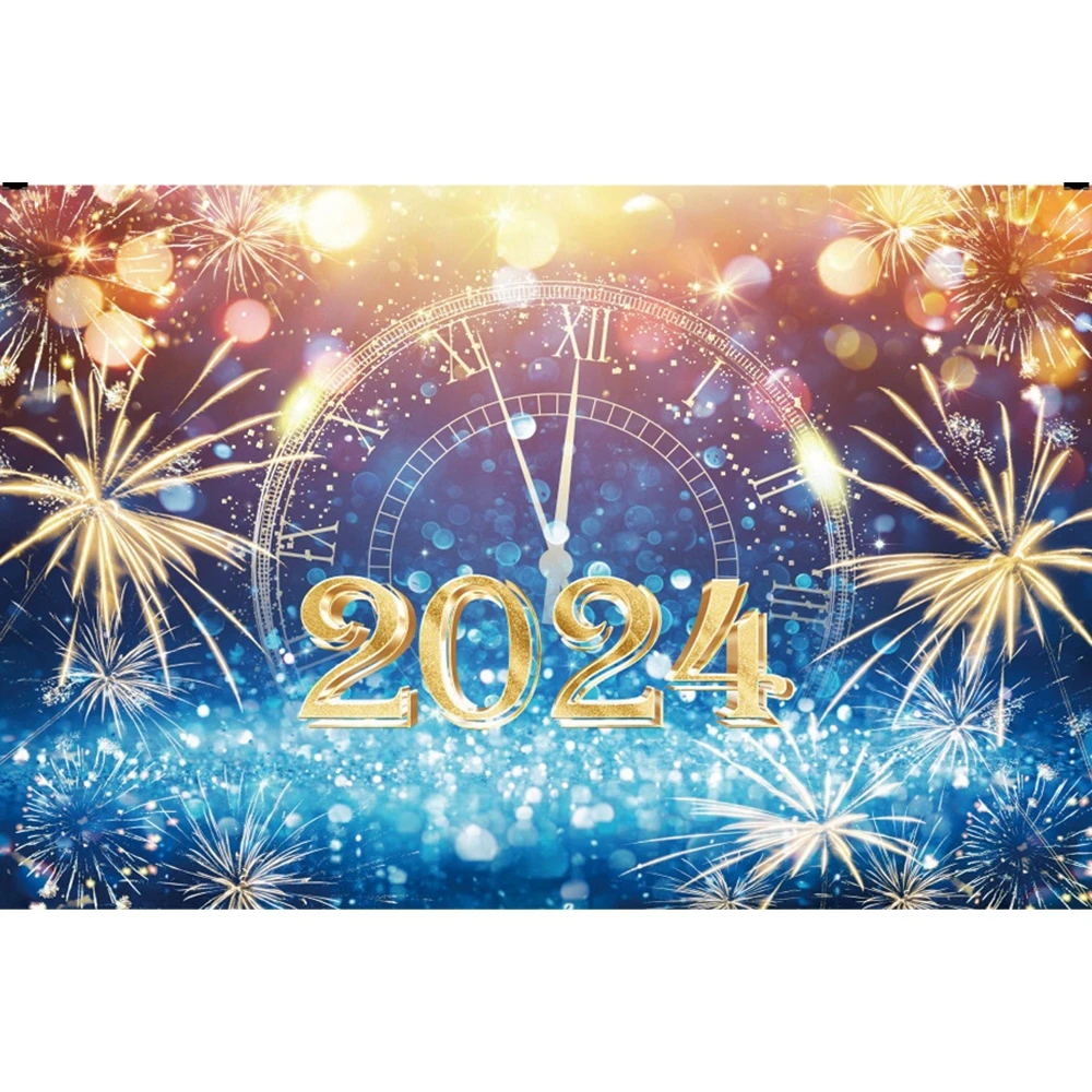 Happy New Year Photography Backdrop 2024 Glitter Gold Champagne Balloons Fireworks Party Photographic Background Photo Props