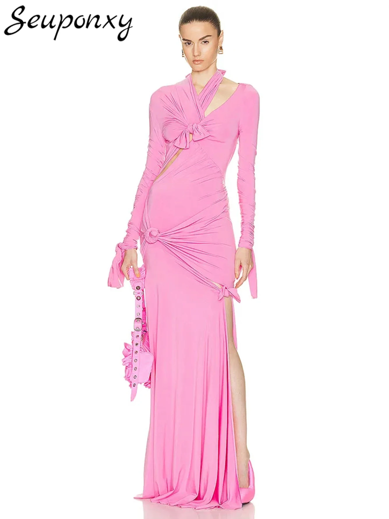 

High Quality Women'S Pink Long Dress Sexy Long Sleeved Hollowed Out Pleated Bow High Slit Elegant Evening Party Dress Vestidos