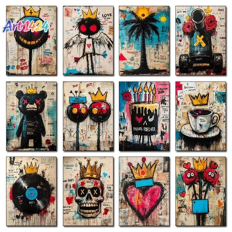 1pc frameless Canvas Painting Fashion Crown Balloon Cartoon Artwork Modern Abstract Street Graffiti Art Poster Canvas Paintin
