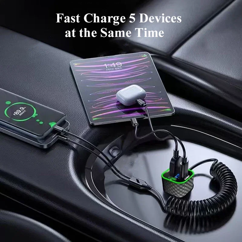 UYUXIO Multi Port USB C Car Phone Charger Adapter with Spring Cable Voltage Display Super Fast Charge for iPhone iPad Samsung