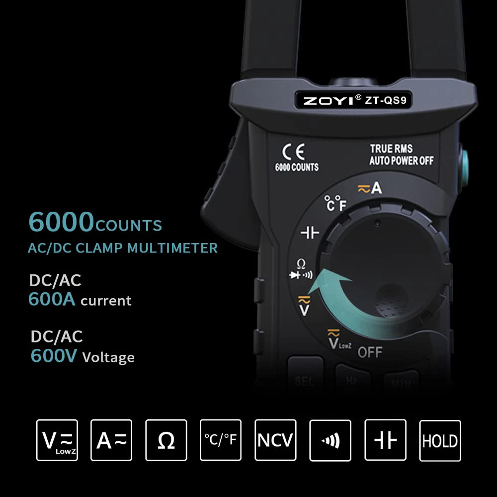 ZT-QS9 TRMS 6000 counts Digital Inrush Clamp Meter,600A - AC/DC current measurement , 600V AC/DC low impedance anti-interference