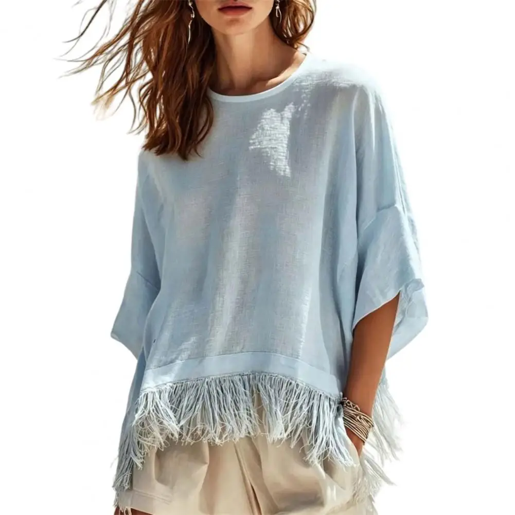 Solid Color Shirt Soft Autumn Blouses Women’s Solid Color Tassel Shirt O Neck Fringe Blouse Autumn Loose Fit Half Sleeve