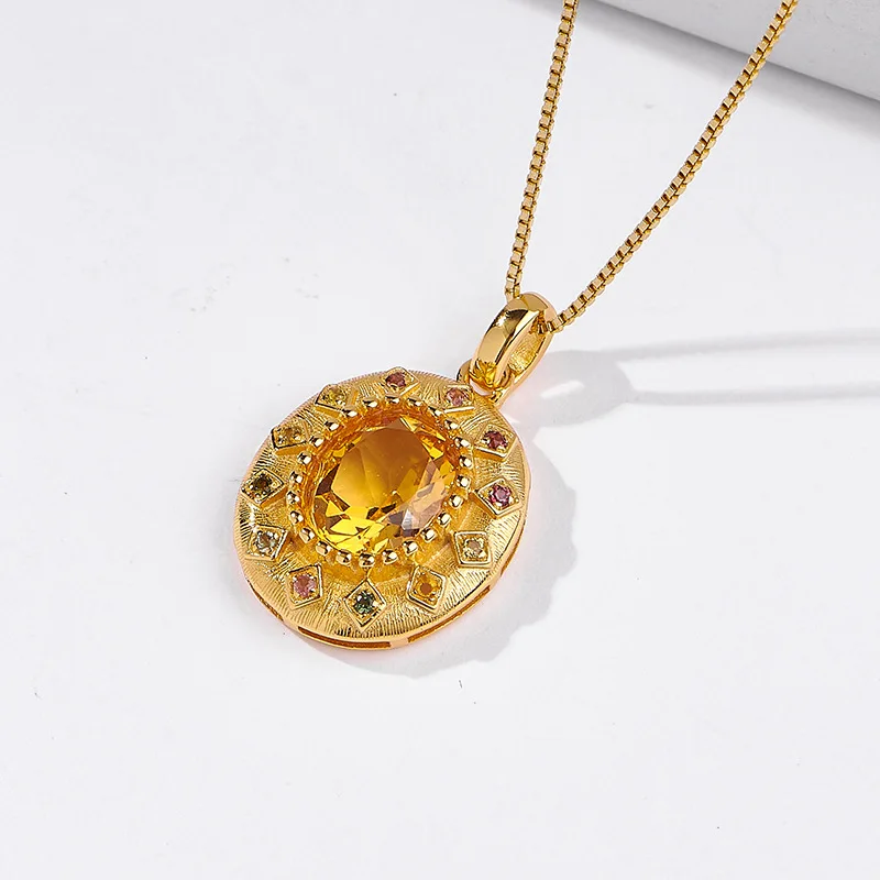 BOCAI New S925 Pure Silver Jewelry Niche Light Luxury Gold-Plated Oval Shaped Yellow Crystal Pendant Women's Selected Gift