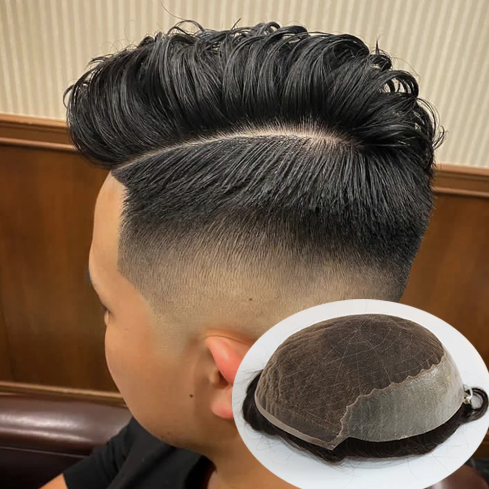 # 1B rambut palsu pria renda Swiss Super Q6 hitam & PU sekitar 100% rambut manusia wig pria adem renda depan rambut palsu pria obral tidak dapat dilepas