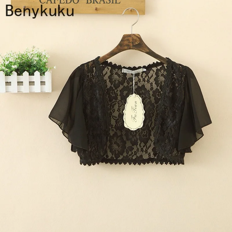 Lace Cardigan Bolero for Women Summer Short Sleeve Chiffon Cropped Top Elegant Sweet Pashmina Coat Shrug Outerwear Open Stitch