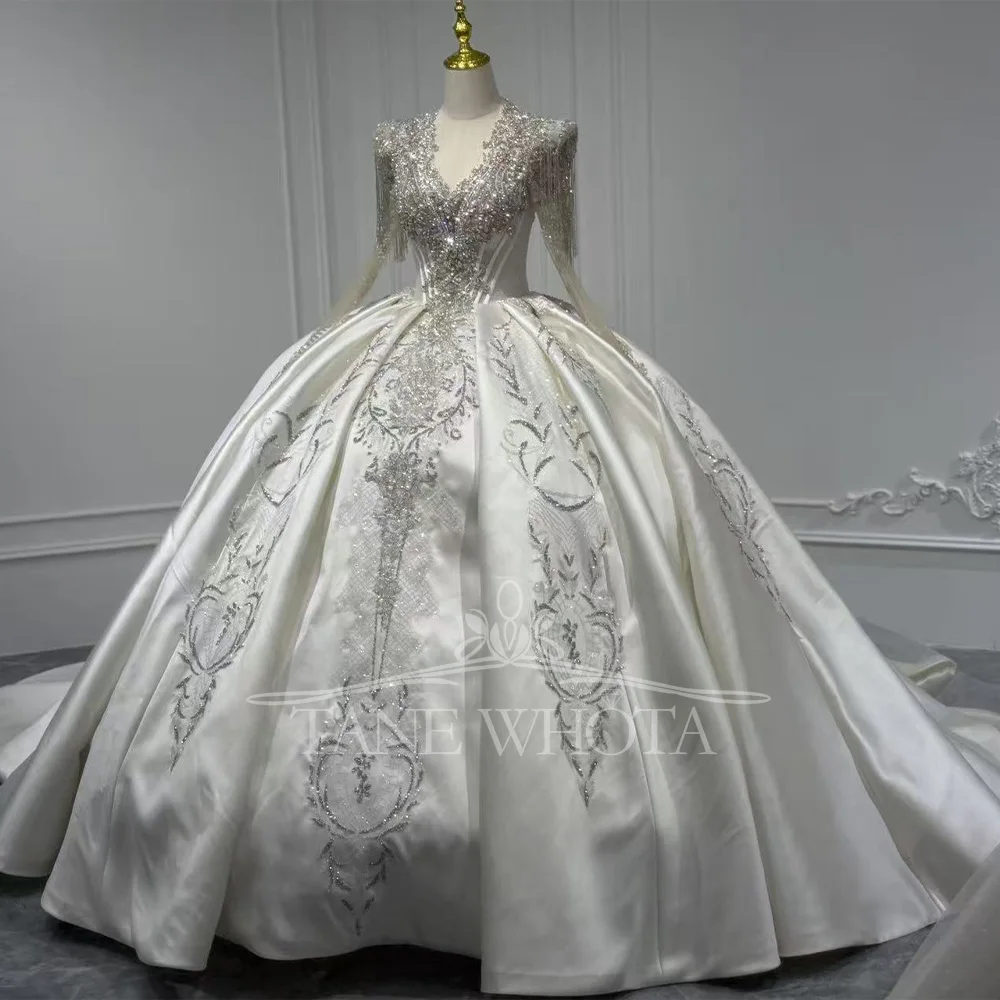 V-Neck Long Sleeve Wedding Dress With Lace-Up Keyhole Back Beaded Sequined Crystal Detail Customizable Gown