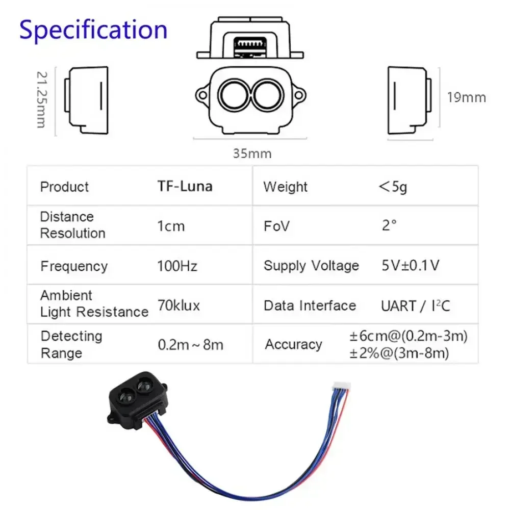 TF-Luna Lidar Range Sensor Module Range Finder Sensor modulo Micro Range a punto singolo per Arduino Pixhawk 5V UART IIC fai da te