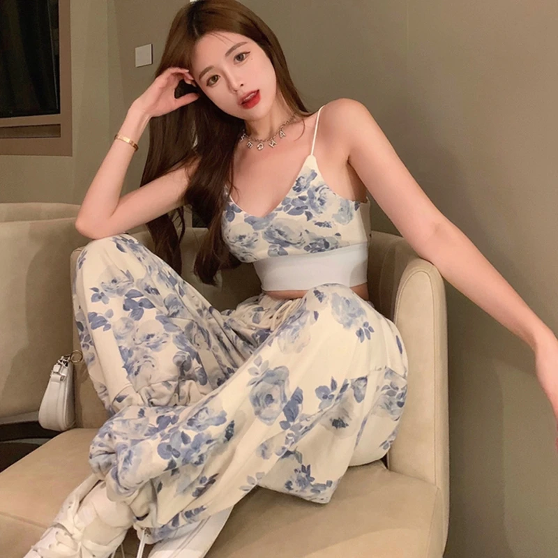 

Повседневный спортивный комплект-двойка: летний антивозрастной костюм с водным принтом, свободные брюки на бретелях с манжетами для женщин