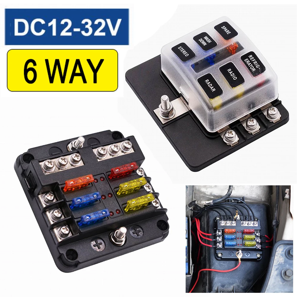 Car Boat Fuse Box Holder With 6 Ways 12 Ways Blade Fuse Holder Block & Warning Indicator 12V 36V Power Distribution Panel Board