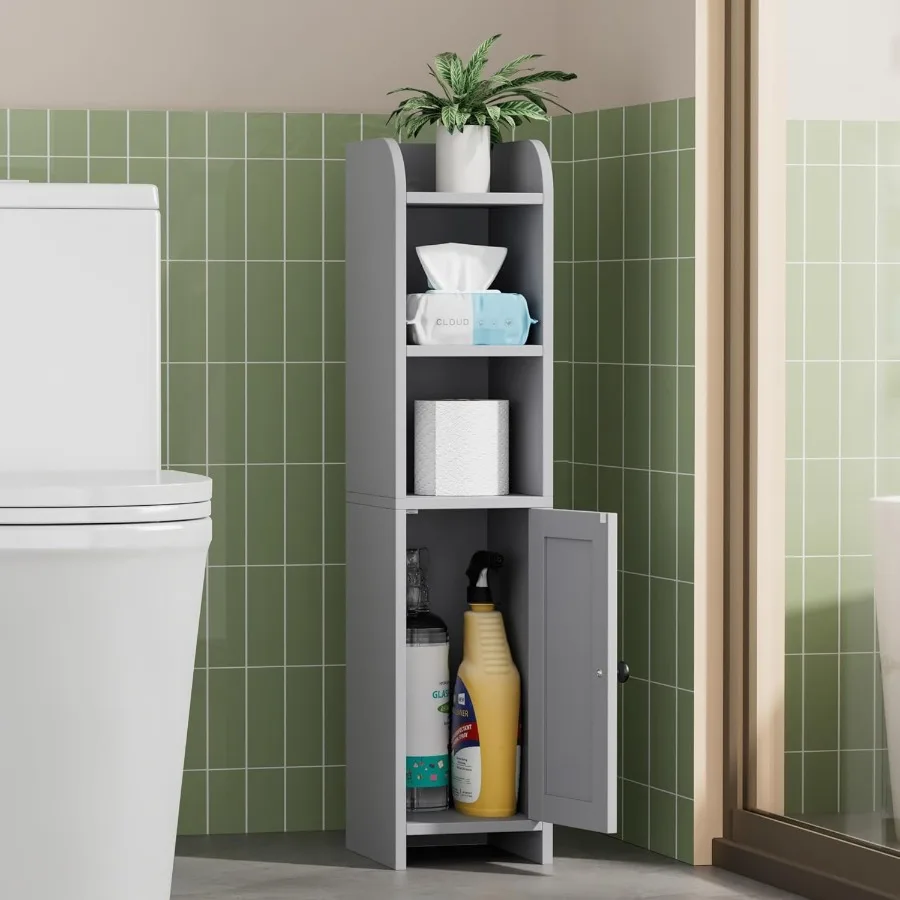 خزانة أرضية زاوية مدمجة مع باب وأرفف قابلة للتعديل لتخزين الحمام الصغير بجانب حامل ورق المرحاض مثالي لـ Sk