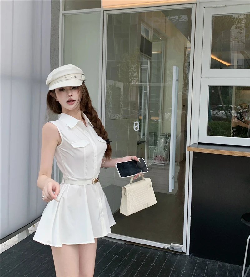 

Bomon pure wind shirt dress chic white summer waist waist Spice Girl dress with belt 2024 new model