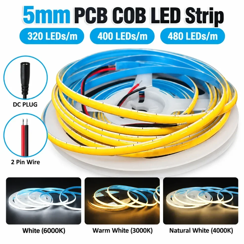 0.5-5m 12V/24V 5mm PCB COB LED Strip Light 320/400/480LEDs/m Ra﹥90 Flexible Tape Light 3000K 4000K 6000K for Cabinet Home Decor