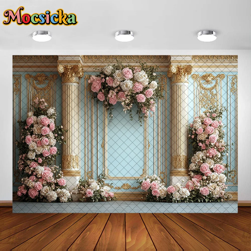 Mocsicka – arrière-plan de photographie, fleur rose, colonne dorée, décoration, gâteau de réception-cadeau pour bébé, accessoires de Studio pour Portrait de fête