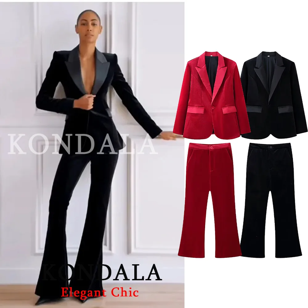 

KONDALA Women Office Lady Velvet Slim Blazer Set Lapel V-neck Slim Blazer Pocket Pants New Fashion 2026 Spring Fall Elegant Set