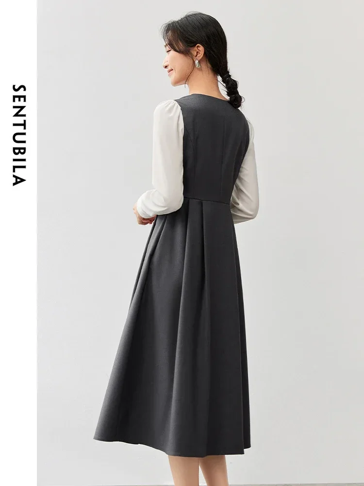 SENTUBILA Patchwork Retract Waist Dresses Woman 2024 Autumn A-line V Neck Folds Long Sleeve Office Lady Simple Dress 143L56668