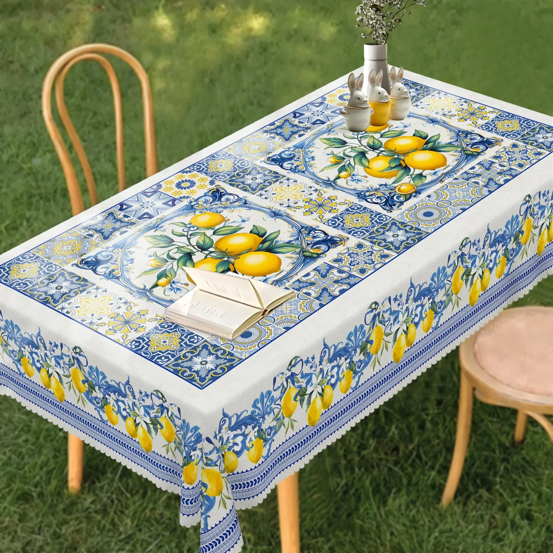 French vintage-style tablecloth, with a mosaic of lemon and floral patterns on the tiles, featuring a fresh and natural desigyzb