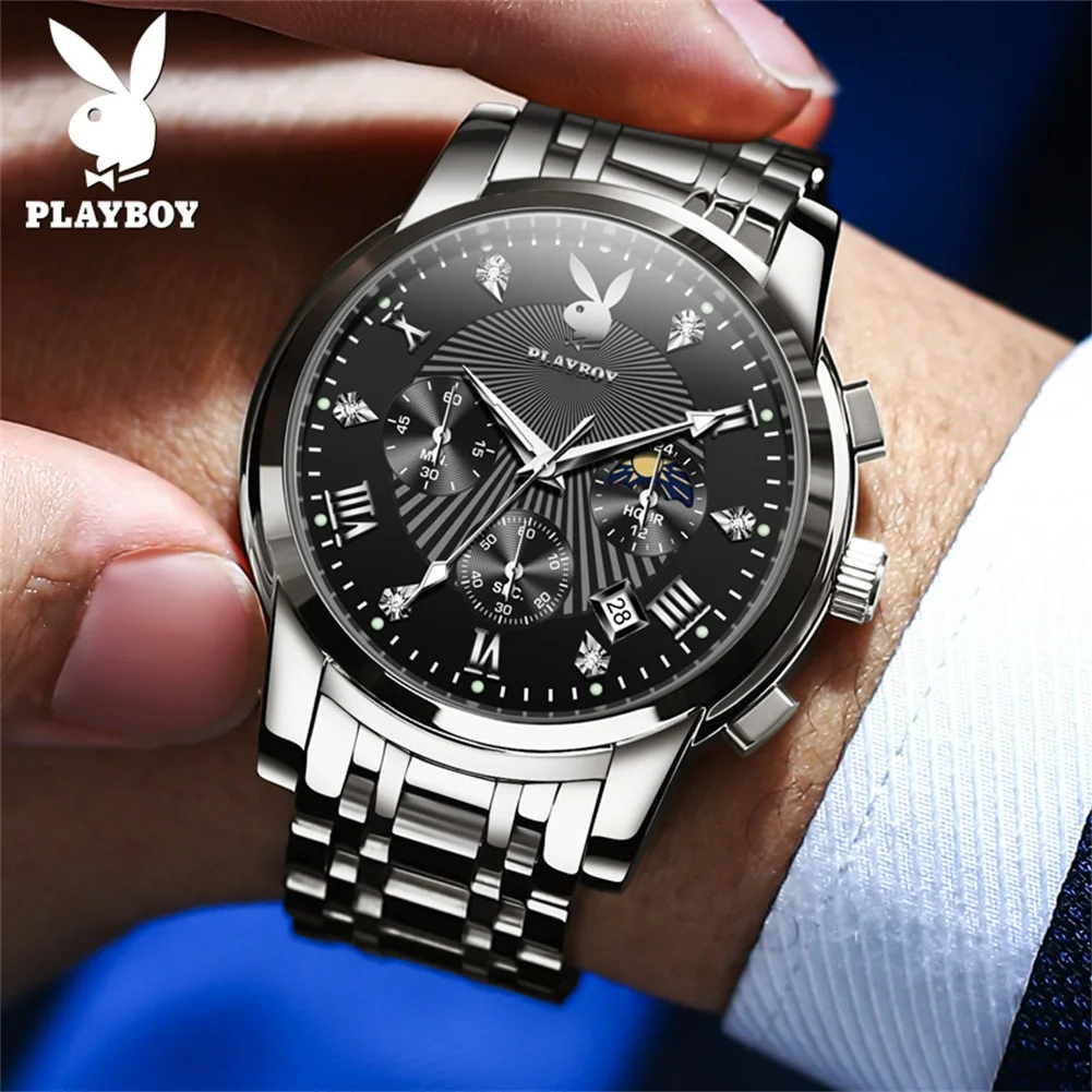 PLAYBOY Top Brand Casual Men Watch Original Stainless Steel Waterproof Quartz Watches for Men High Quality Trend Wrist Watch Men