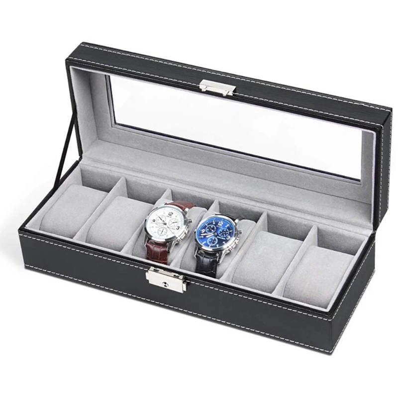 6 Slot 1-Word Lock Watch Box Jewelry Storage Box Display Showcase for Cufflinks Earrings Ring Bracelets Charger Jewelery