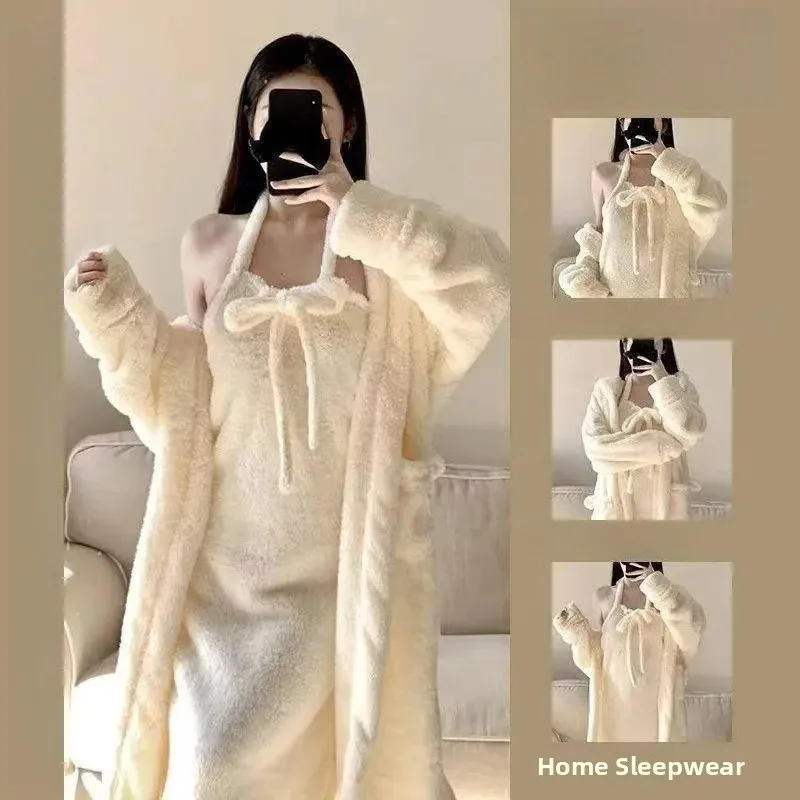 

Winter Pajama Sets Women Sweet Cute Hooded Robes Soft Coral Velvet Sleepwear Nightdress Thicken Female Cozy Loungewear