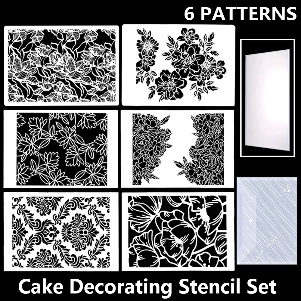 6-Piece Cake Decorating Stencil Template Set, Classic Floral Decor Style, with Cake Scraper and Storage Bag