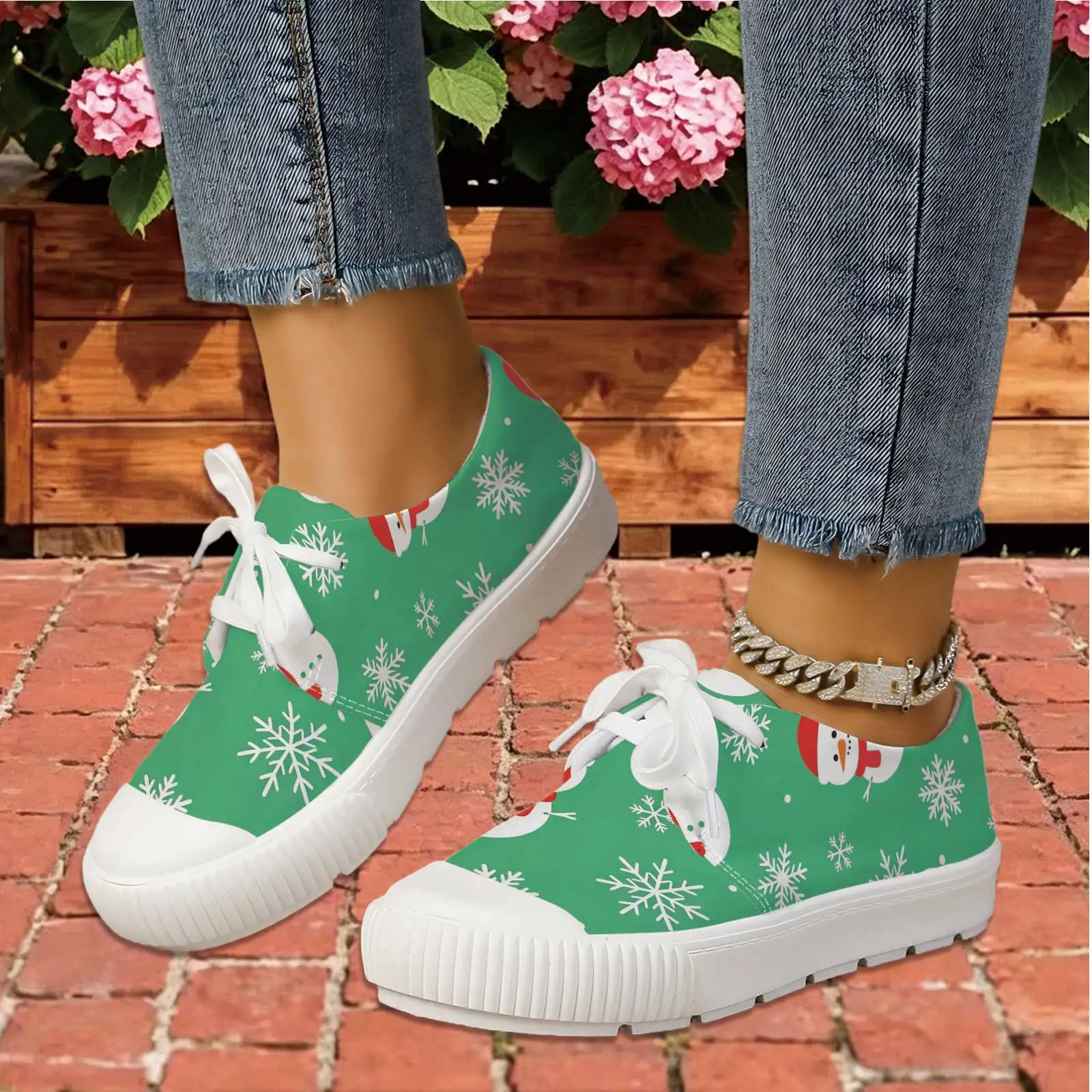 Women Christmas Snowman Print Lace Up Sneakers Wide Round Toe Flat Shoes For Daily Commute Walking Holiday - view 2