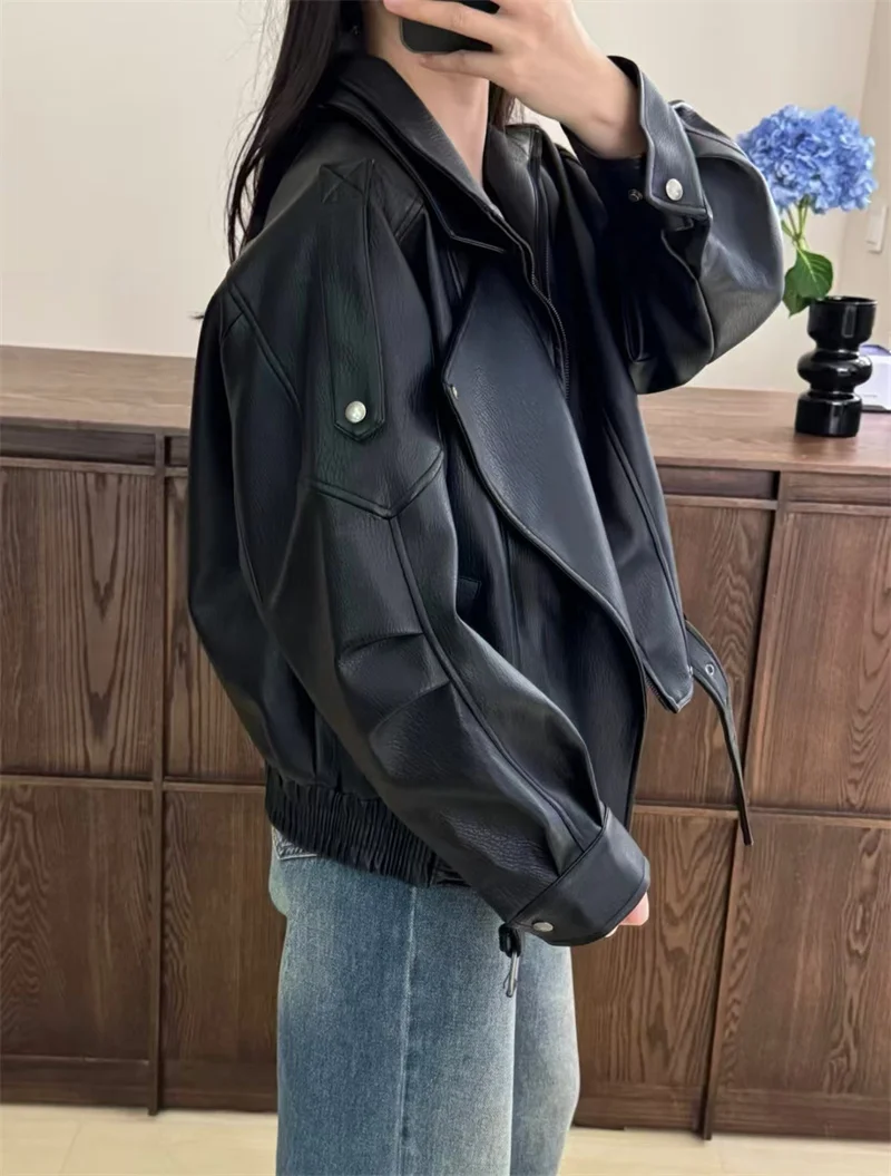 Guobioziy 2026 Fall New Women's Jacket 2026 Fall New Release Loose Faux Leather Biker Jacket Parka European and American Style