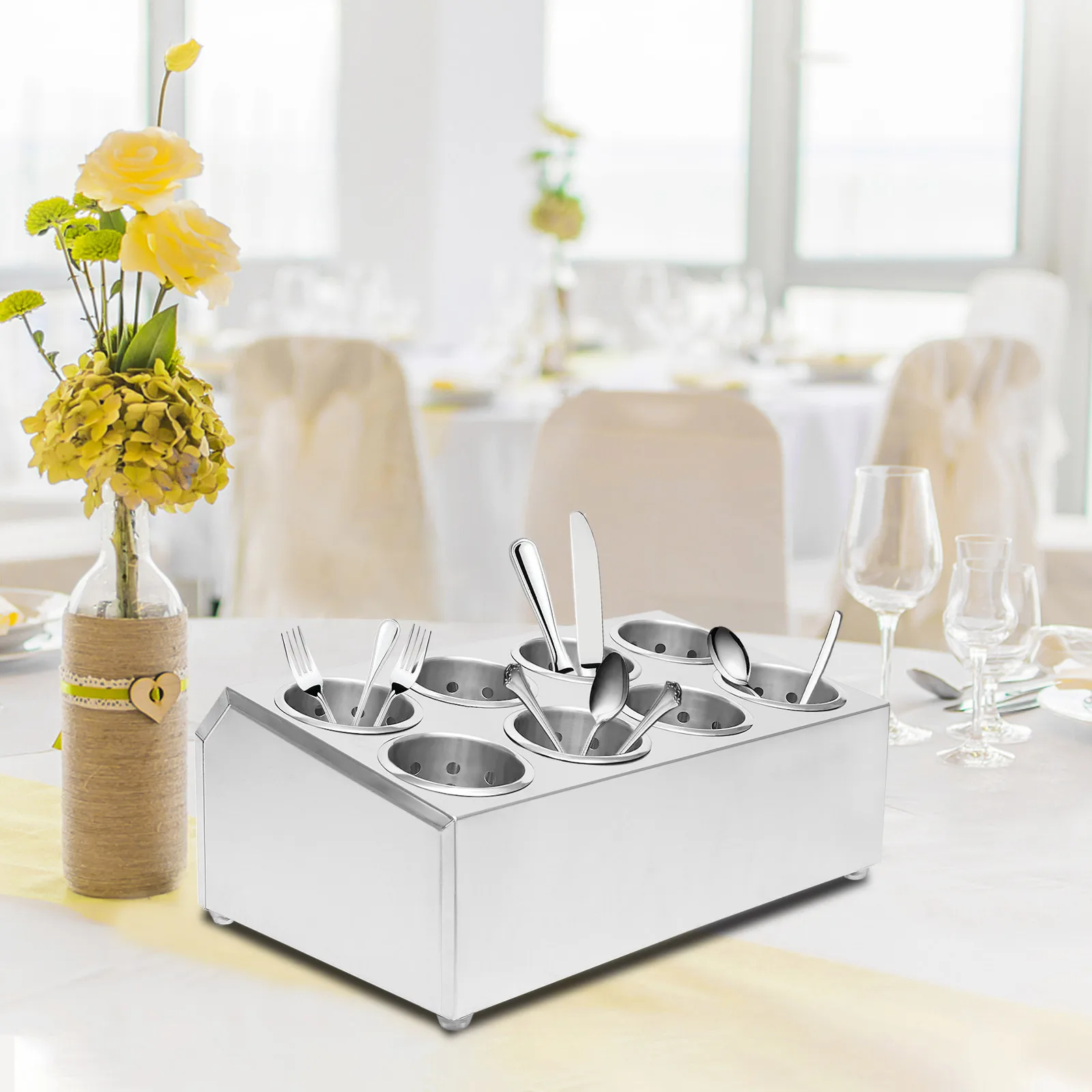 Stainless Utensil Holder with 8 Compartmentalized Cylinders, Two-Tier Design, Large Capacity for Forks, Spoons, Knives