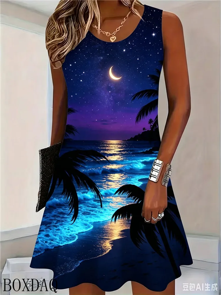 Women's Summer Dress Loose Round Neck Sleeveless Coconut Tree Landscape Pattern 3D Printed Casual Dress